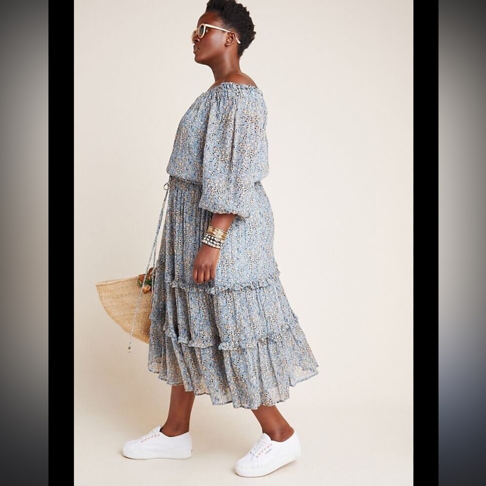 By Anthropologie Blue Kira Off-The-Shoulder Adjustable TieWaist Peasant Dress 14 - Picture 3 of 16